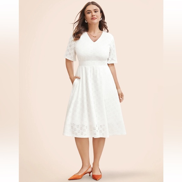 BloomChic Plus Size 4XL Solid Pocket Laser Cut Surplice Neck Knee Dress us26 - Picture 6 of 7